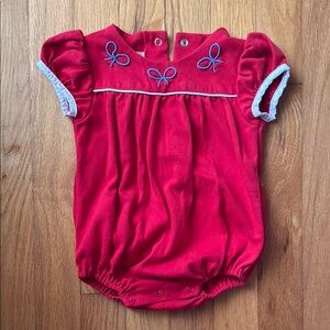 TBBC Red Baby Romper with Blue Bow Accents